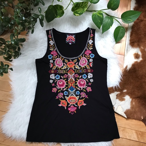 Johnny Was Tops - Johnny Was Embroidered Front Black Tank